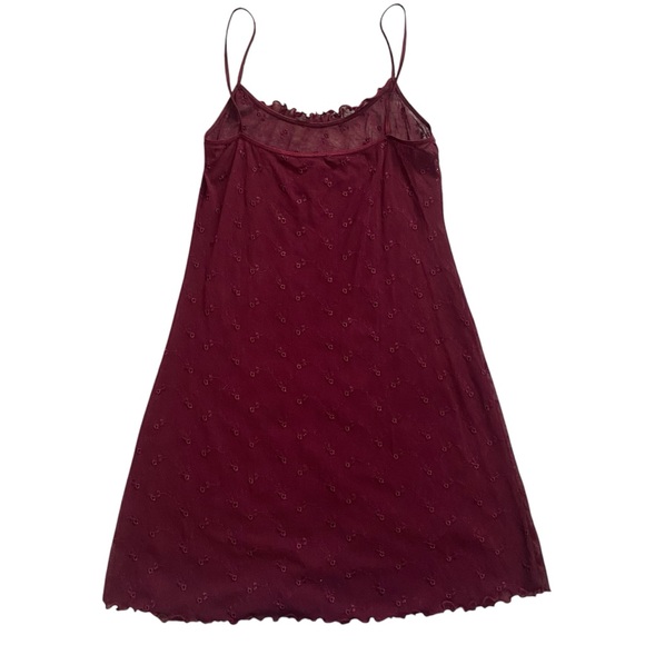 BURGUNDY FLORAL SHEER SLIP DRESS WITH RUFFLE DETAILS SIZE SMALL-MEDIUM - Picture 3 of 3